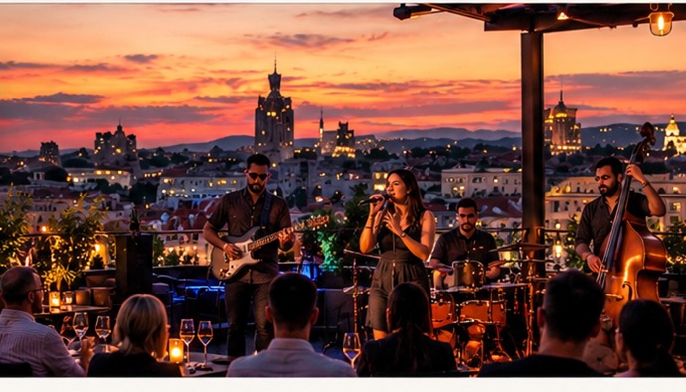 Live bend svira na terasi kluba Sinnerman u sumrak, sa panoramom Beograda u pozadini